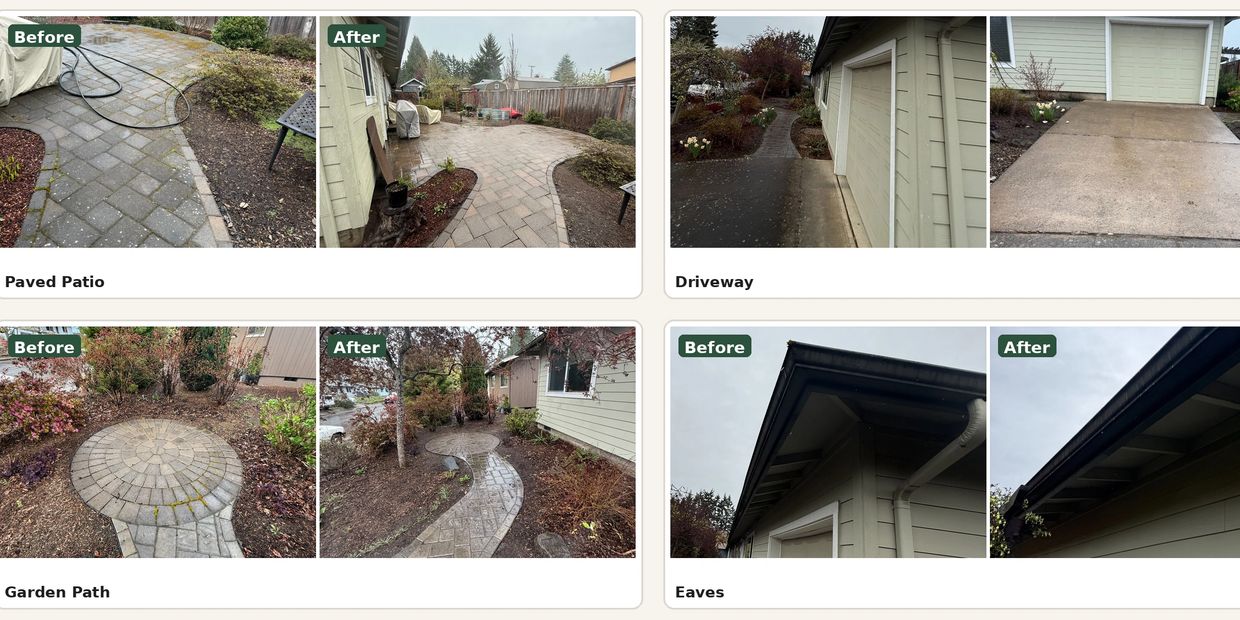 Before and after images showing home exterior improvements including paved patio, driveway, garden path, and eaves.
