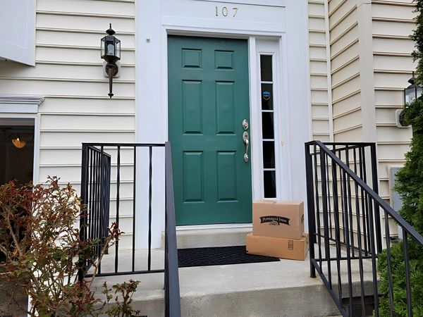 A package sits on the front steps of a house with a green door and a light fixture