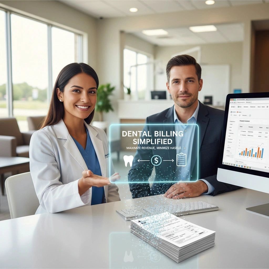 Two professionals showcasing simplified dental billing with a futuristic digital interface.