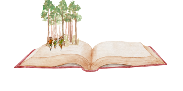 An open book with a forest growing out of it and children playing in nature.