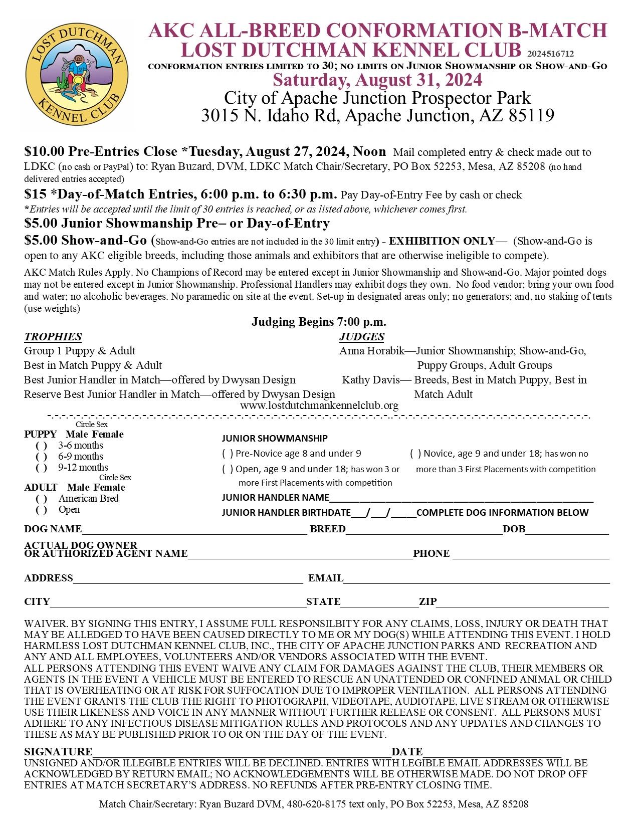 Flyer for Lost Dutchman Kennel Club dog show on August 31, 2024, with entry details and judging information.