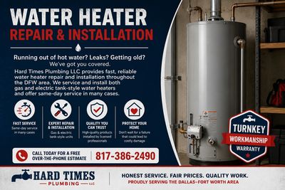 Water heater repair and installation services by Hard Times Plumbing LLC.