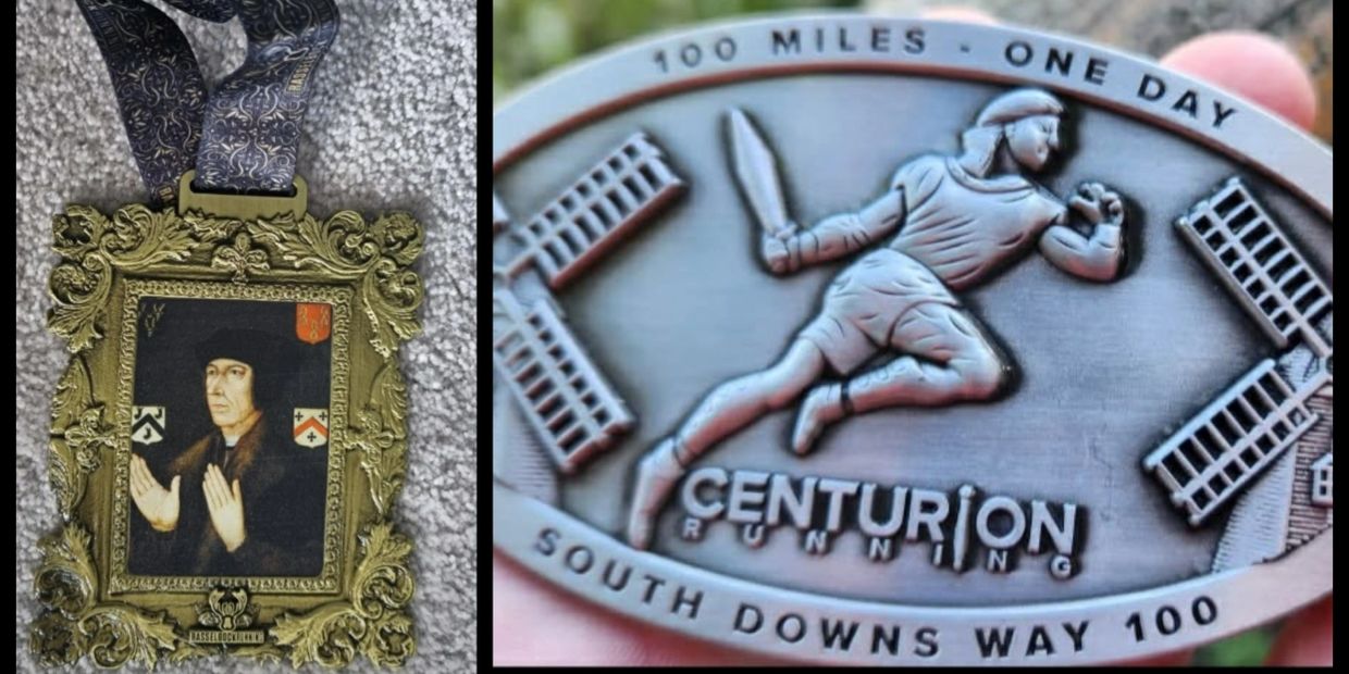Two detailed medals, one with a portrait and one honoring a 100-mile run.