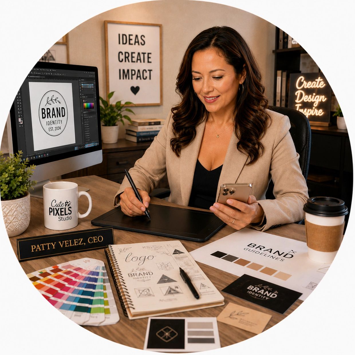 Woman designing brand identity at her desk.