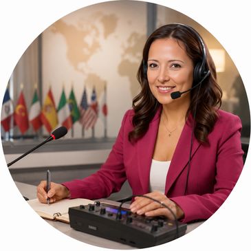 Woman interpreter with headset and flags in background.