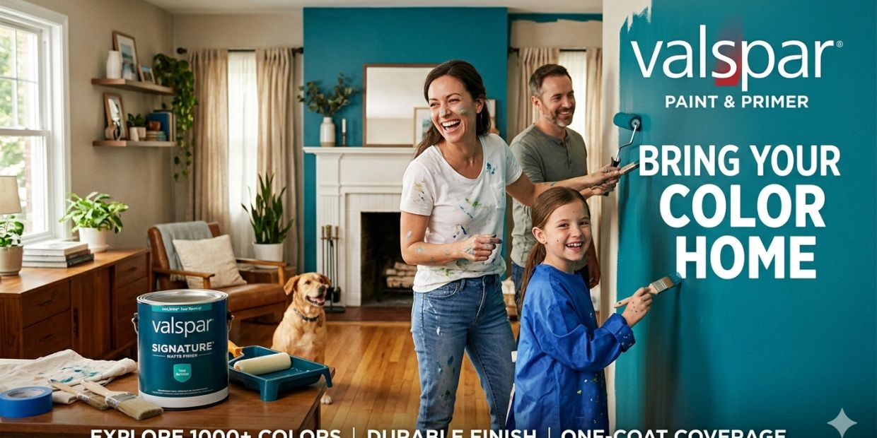 Family painting their living room with teal Valspar paint.