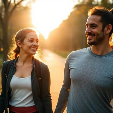Two people smiling while walking together on a park path. 