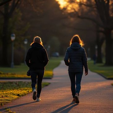 Two women walking together on an Austin sidewalk. 
