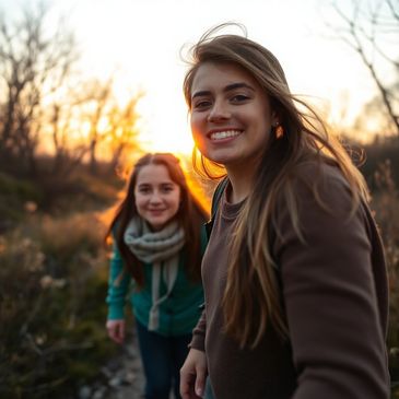 Two women smiling during a Walk About IT conversation outdoors. 