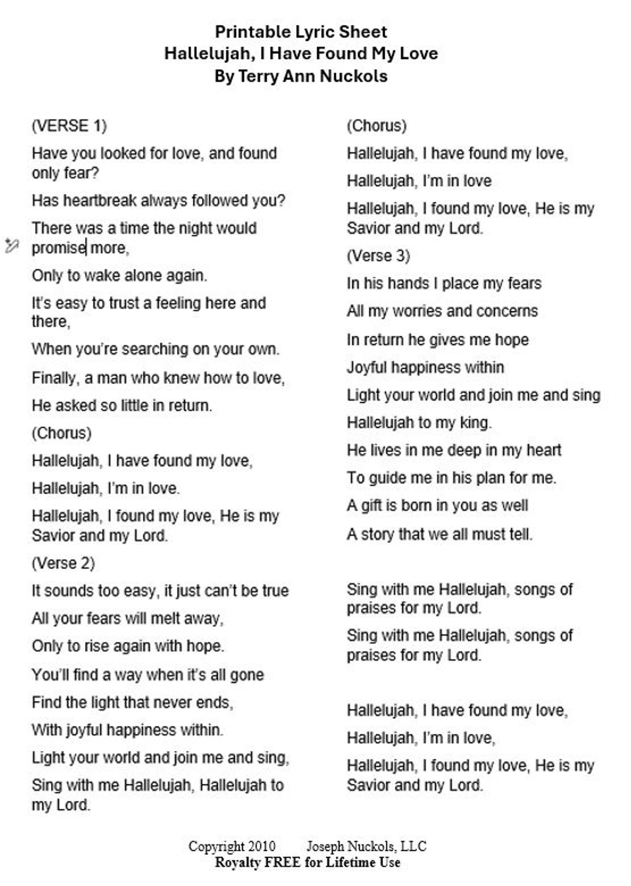 Printable lyric sheet for the song 'Hallelujah, I Have Found My Love' by Terry Ann Nuckols.