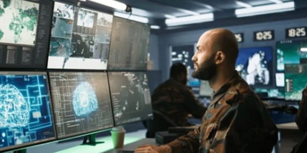 Soldier monitoring digital maps and data on multiple screens.