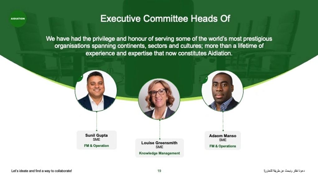 Portraits of three executive committee heads with their names and roles.