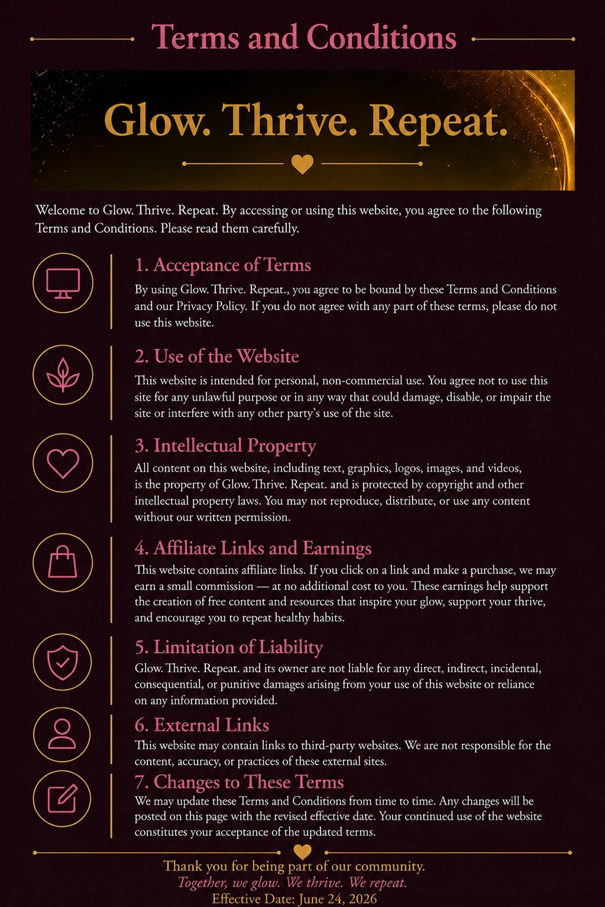 Terms and conditions for using Glow. Thrive. Repeat. website.