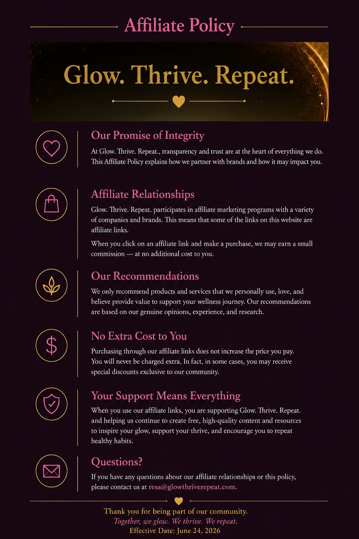 Affiliate policy details for Glow. Thrive. Repeat. with integrity and transparency.