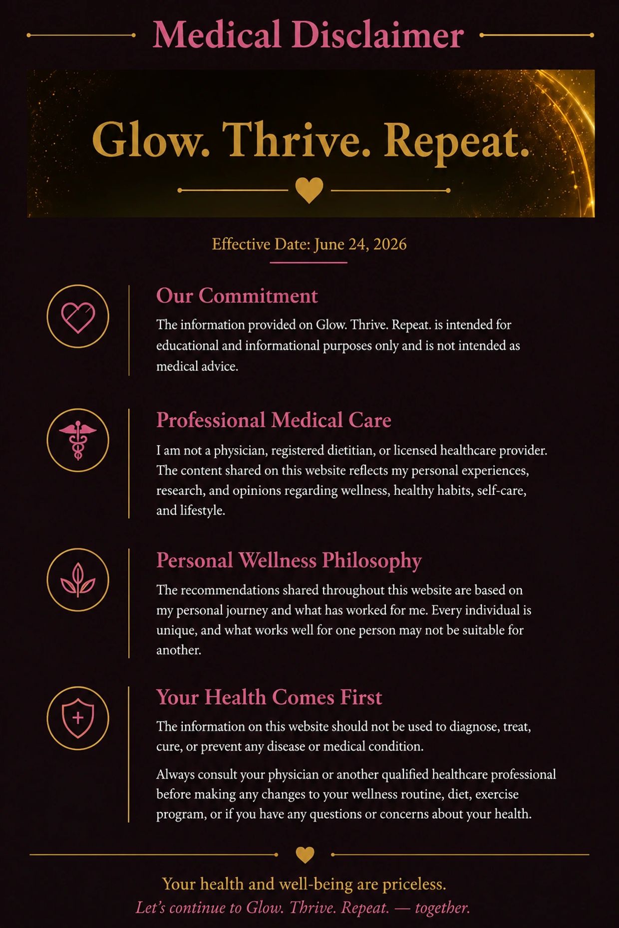 Medical disclaimer for Glow. Thrive. Repeat. emphasizing personal wellness and consulting professionals.