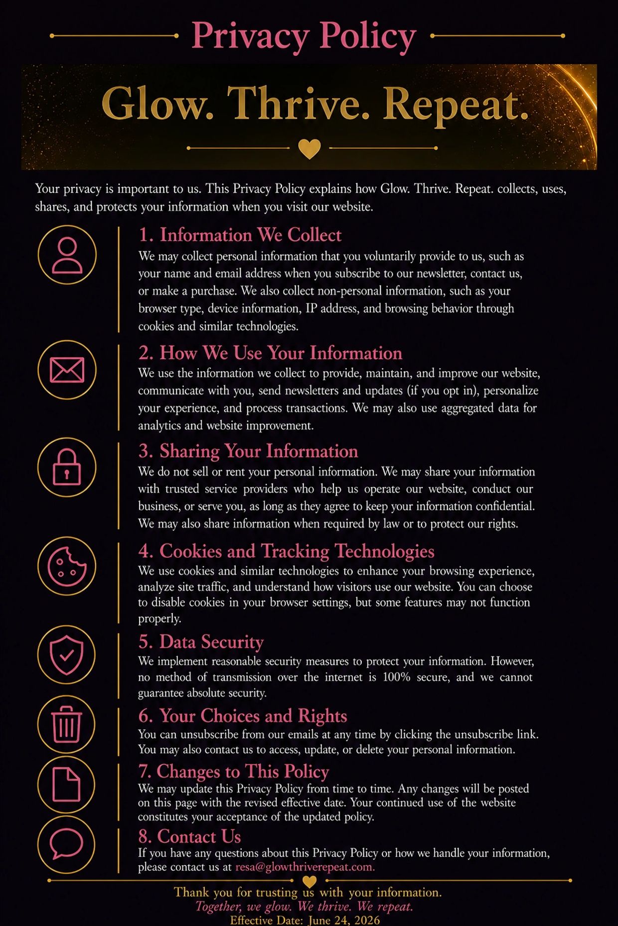 Privacy policy for Glow. Thrive. Repeat. website.