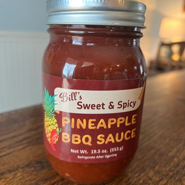 Jar of Bill's Sweet & Spicy Pineapple BBQ Sauce. Gourmet BBQ Sauce.