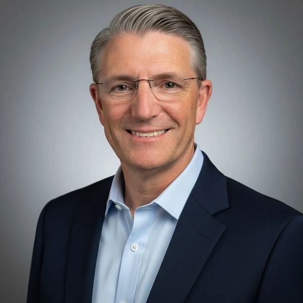 Smiling middle-aged man in glasses and a navy suit against a gray background.