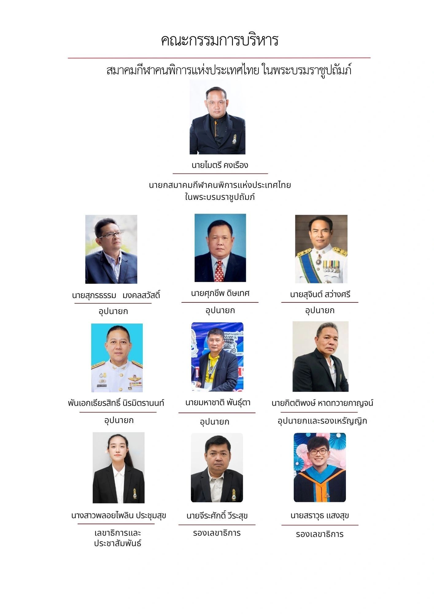 ภาพคณะกรรมการบริหารสมาคมกีฬาคนพิการแห่งประเทศไทยพร้อมรายชื่อและตำแหน่ง