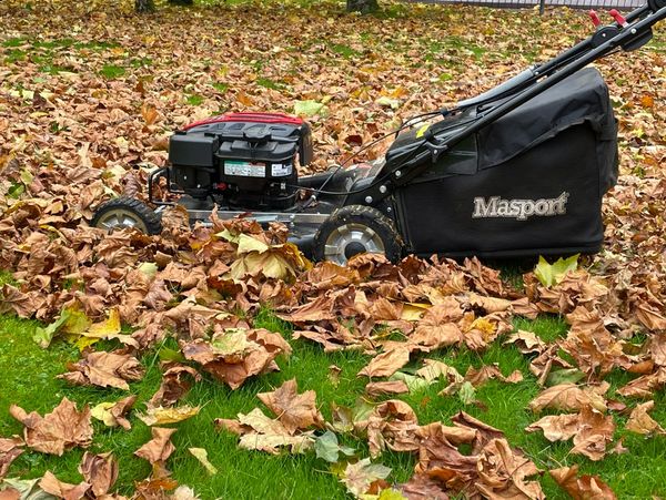commercial mower on grassed area covered with autumn leaves. 