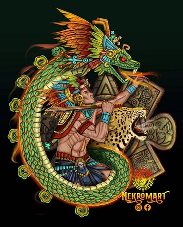 Quetzalcóatl forma un arco sagrado mientras un jaguar emerge detrás del guerrero.
