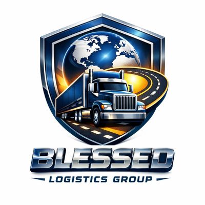 Logo featuring a blue truck with a globe and road in the background, text: Blessed Logistics Group.