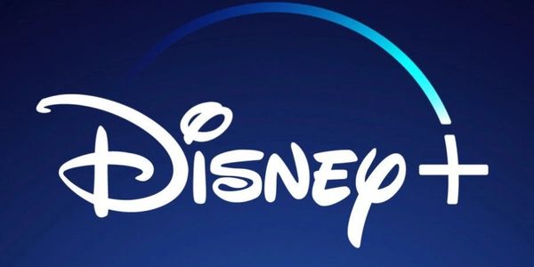 Disney+ logo with a blue arc on a dark background.