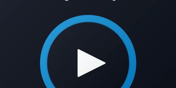 White play button inside a blue circle on a dark background.