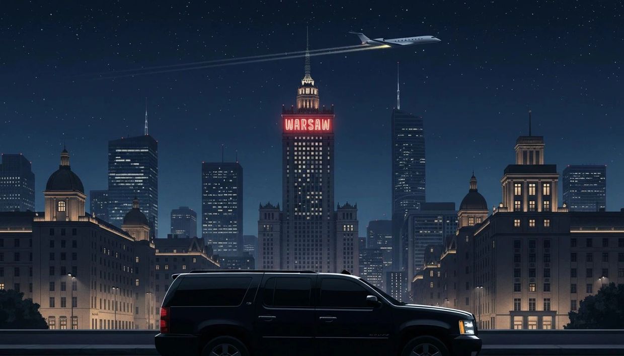 Night cityscape of Warsaw with a dark SUV and airplane overhead.