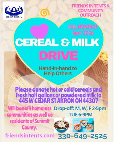 Cereal and milk drive in April 2026 to help homeless communities and residents in Akron, Ohio.