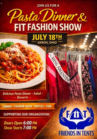 Flyer for Pasta Dinner and Fit Fashion Show event in Akron, Ohio on July 18th.