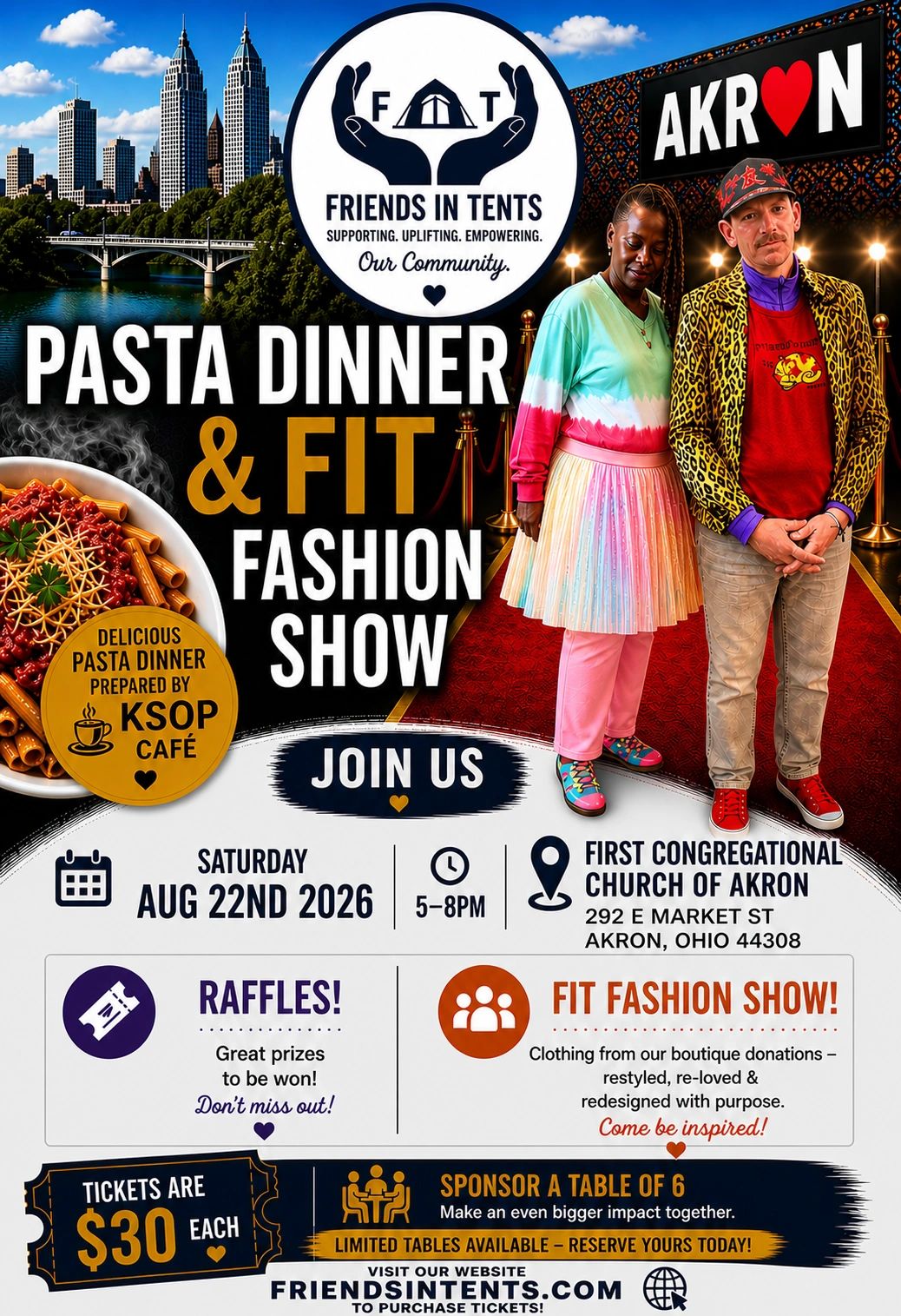 Flyer for a Pasta Dinner &amp; Fit Fashion Show in Akron, August 22, 2026, with tickets for $30.