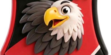Cartoon eagle head on a red and black background.