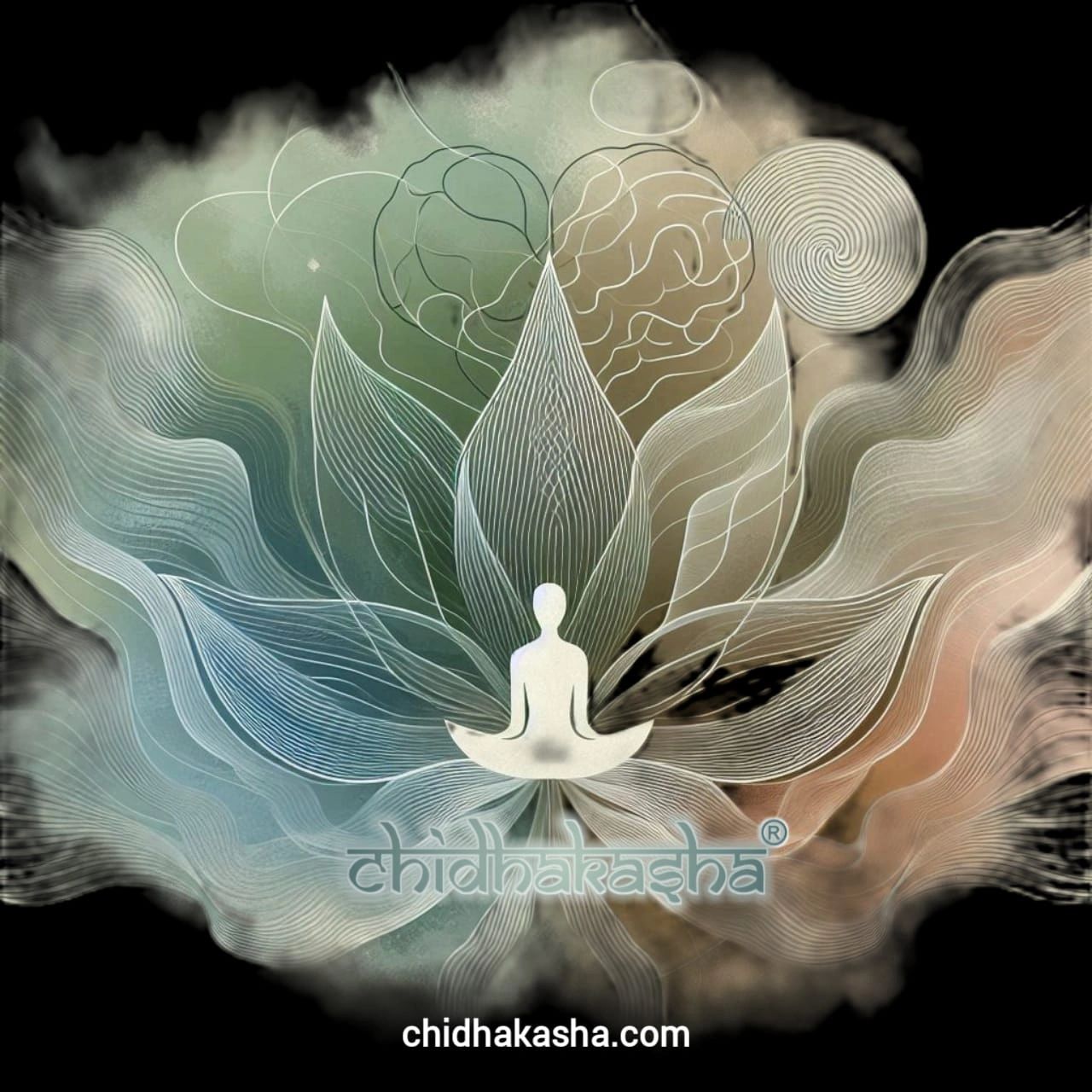 Abstract meditation art with flowing lines and a lotus motif.