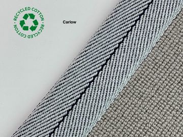 Close-up of recycled cotton fabric labeled 'Carlow' with a textured edge.