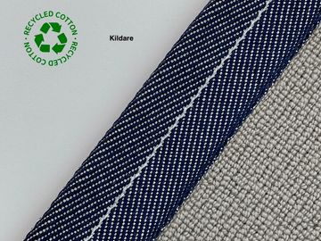 Close-up of fabric edges labeled 'Kildare' with recycled cotton logo.