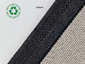 Close-up of recycled cotton fabric labeled 'Carbon' with textured weave patterns.