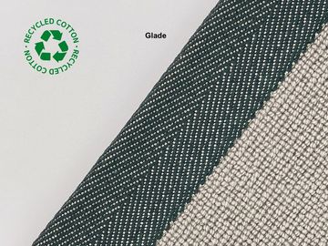 Close-up of fabric labeled 'Glade' made from recycled cotton with a green and beige pattern.