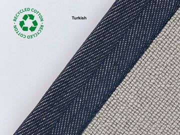 Close-up of fabric with Turkish recycled cotton label and textured pattern.