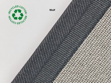 Close-up of recycled cotton fabric labeled 'Wolf' with textured weave.