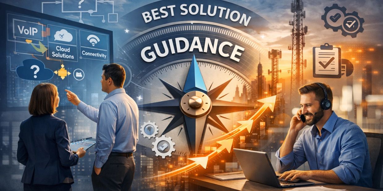 Business professionals discussing cloud and connectivity solutions with guidance theme.