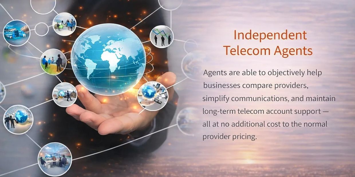 Visual of global telecom network with text about independent agents helping businesses.