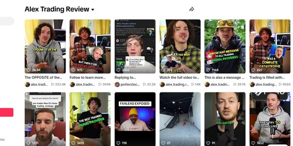 TikTok page showing various videos reviewing Alex Trading and its signal providers.