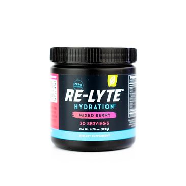 RE-LYTE hydration mixed berry dietary supplement with 30 servings.