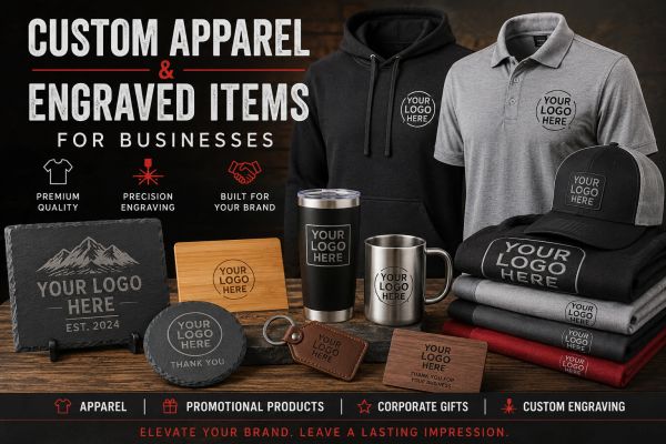 Custom apparel and engraved items showcasing logos for business branding.