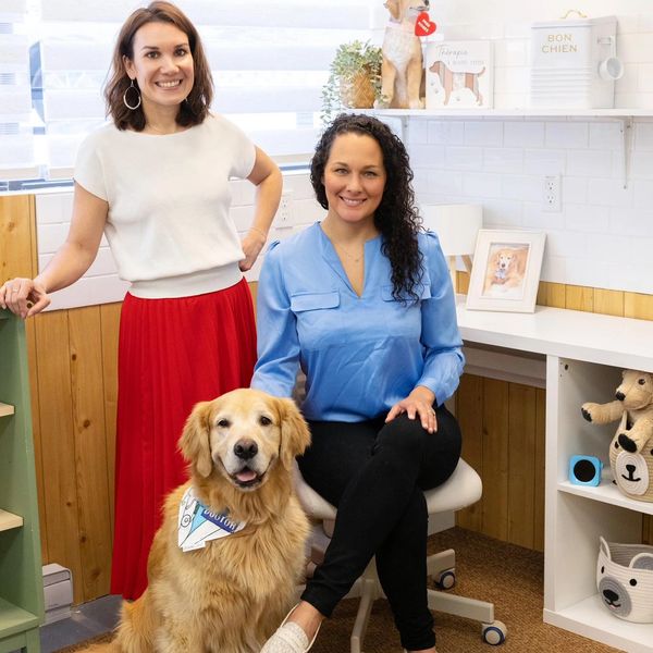 Two women with a golden retriever in a cozy, well-decorated room.