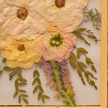 Pressed flowers arranged artistically in a frame.