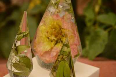 Three clear resin pyramids with flowers inside.