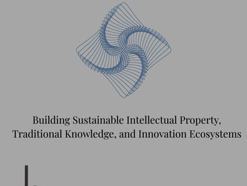 Abstract blue geometric design above text about sustainable intellectual property and innovation.