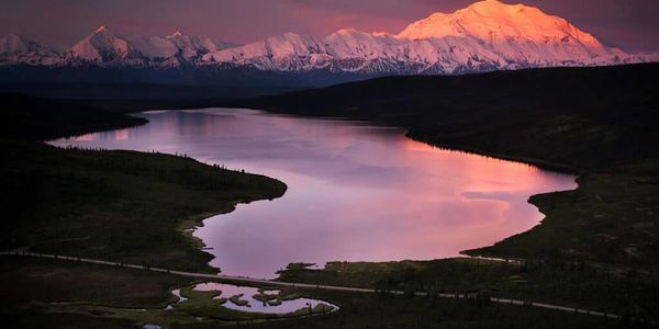 Sundown over icy fjord in Alaska.